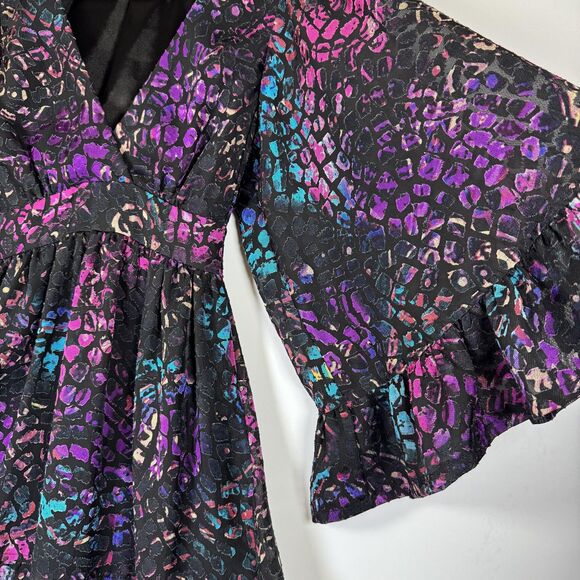 Betsey Johnson Dress Womens 4 Black Multicolor Animal Print Ruffle Bell Sleeve - Picture 3 of 16